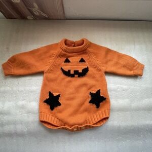 Orange Black Jack O Lantern Halloween Knit Romper Baby 3-6 Months Long Sleeve
